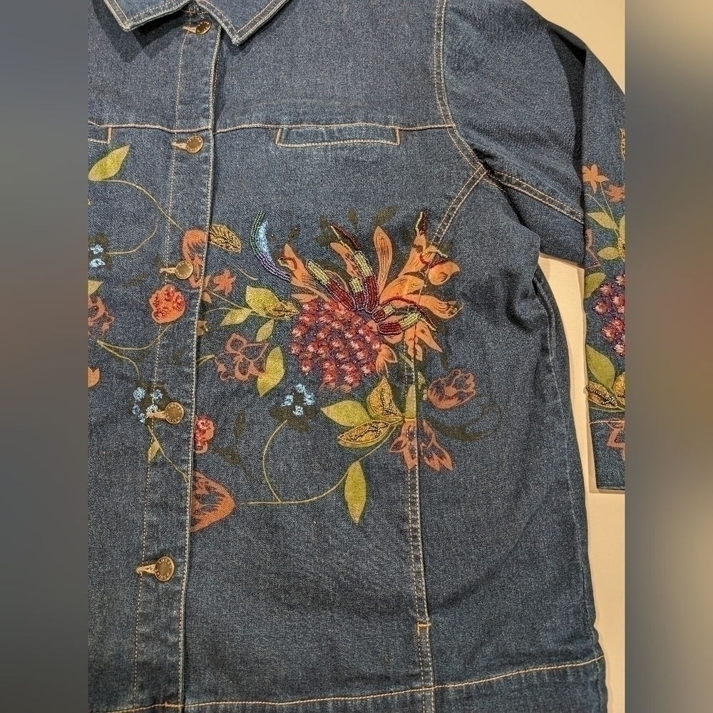 Susan Graver Bohemian Beaded  Embroidered Painted Denim Chore Jacket Floral  1X - Picture 6 of 16
